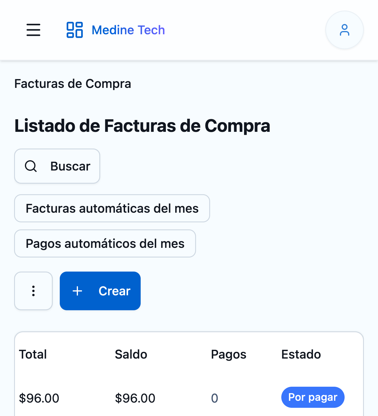 Listado de facturas de compra del sistema: una factura por 96 dólares, ya aprobada, con su saldo y en estado «Por pagar».
